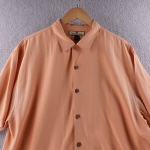 Tommy Bahama Mens  L Silk Camp Shirt Peach Textured Short Sleeve embroidered